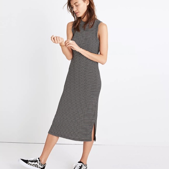 Madewell Ribbed Mockneck Midi Dress In Stripes - Picture 1 of 10